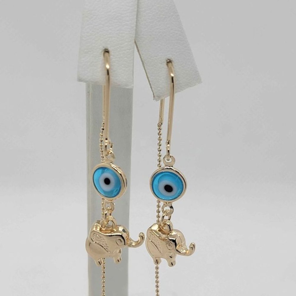 Brazilian 18k gold Filled Baby Blue Evil Eye W/ Elephants Earrings